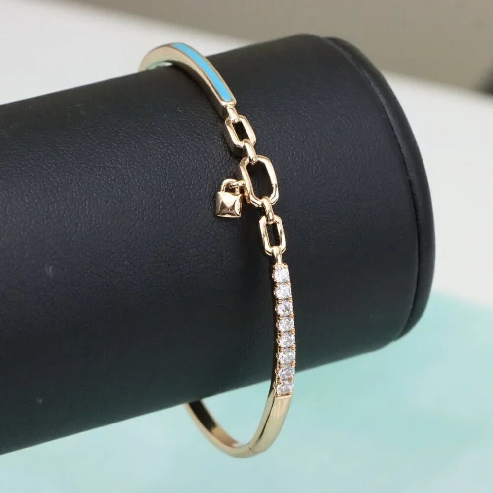 Chic Rose Gold Bangle with Lock Charm and Blue Enamel Accent, XPBL0432